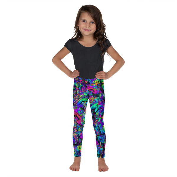 little girl wearing colorful artistic mushroom collage kid's leggings