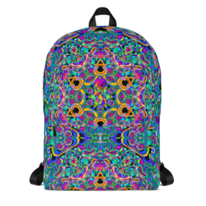psychedelic pastel colorful artist design backpack with mushroom focal point