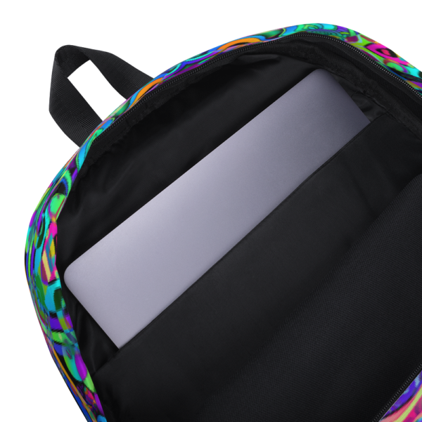 psychedelic pastel colorful artist design backpack showing inside pocket for labtop