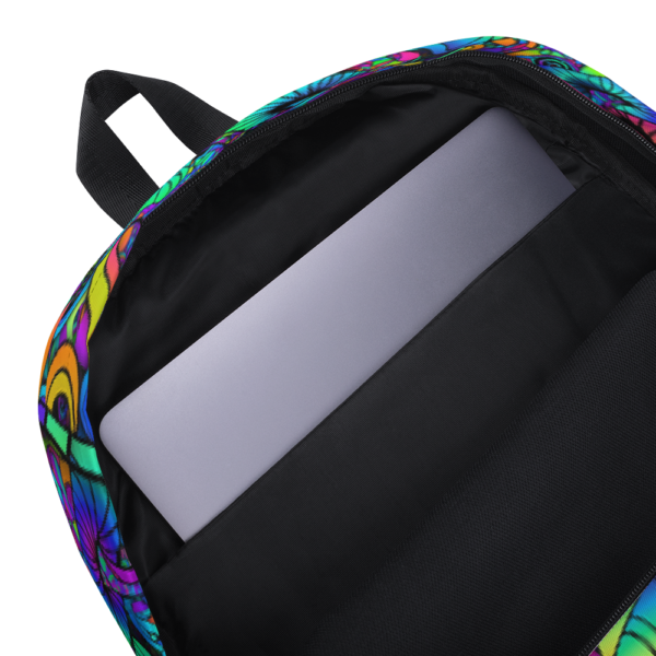 colorful artist mushroom collage backpack showing inside pocket for labtop