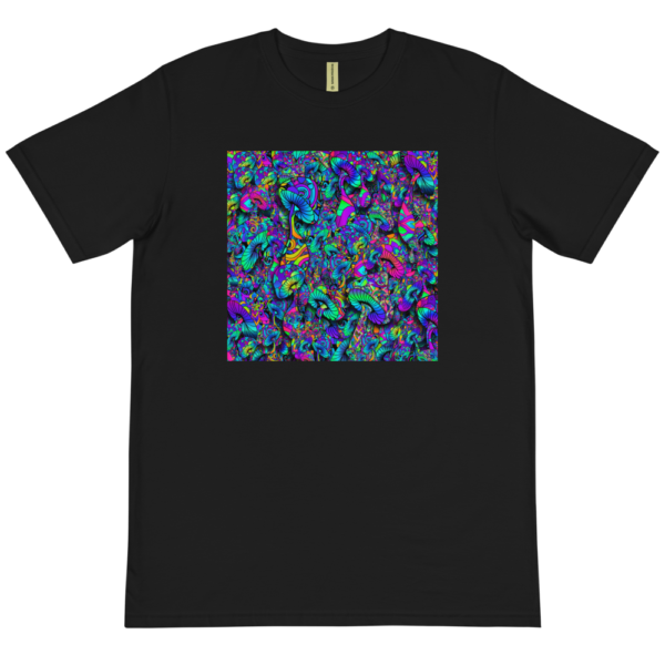 black organic t-shirt with a collage of artistic mushrooms
