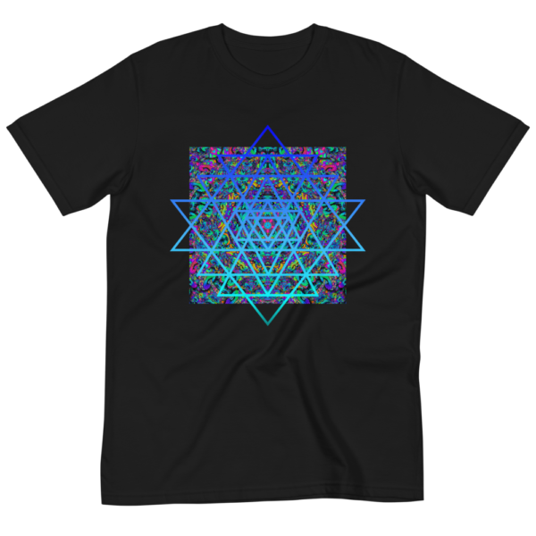 wrinkled black organic t-shirt with an artistic blue sri yantra sacred geometry symbol