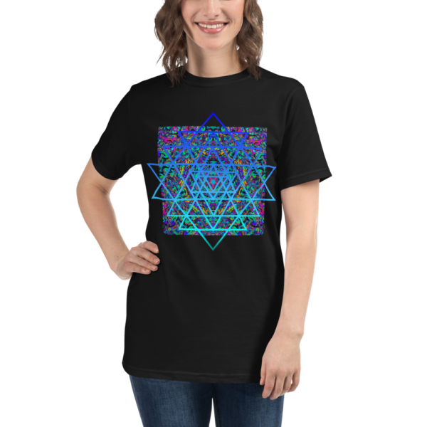 woman wearing a black organic t-shirt with an artistic blue sri yantra sacred geometry symbol