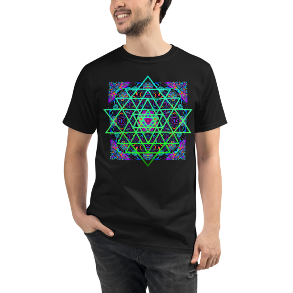 man wearing an organic black t-shirt with an artistic green neon sri yantra sacred geometry symbol