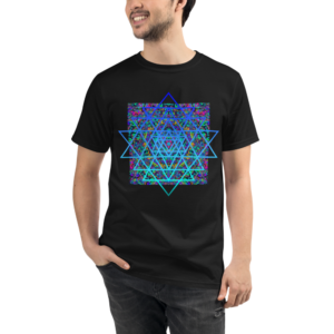 man wearing black organic t-shirt with an artistic blue sri yantra sacred geometry symbol