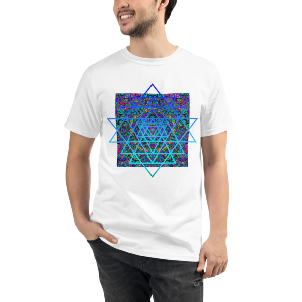 man wearing a white organic t-shirt with an artistic blue sri yantra sacred geometry symbol