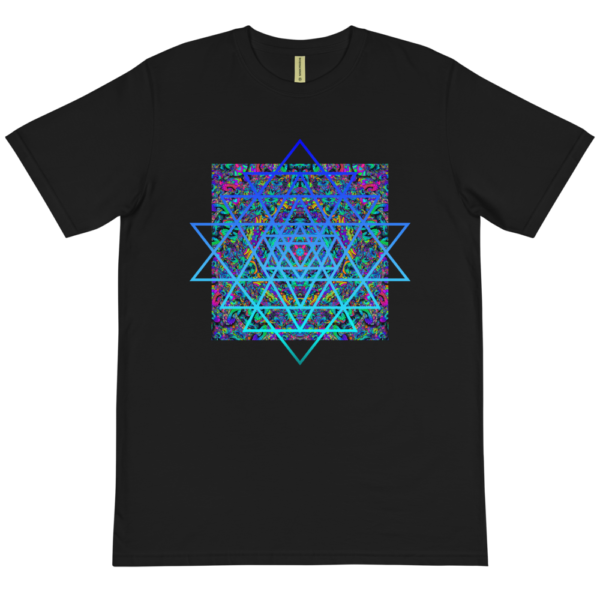 black organic t-shirt with an artistic blue sri yantra sacred geometry symbol