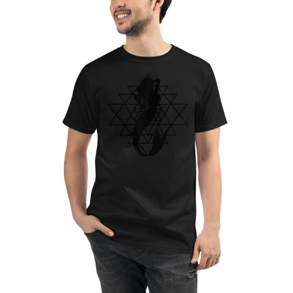 man wearing a black organic t-shirt with a silhouette of a mermaid and a sri yantra sacred geometry