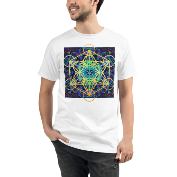 man wearing a white organic t-shirt with colorful artistic metaron's cube sacred geometry