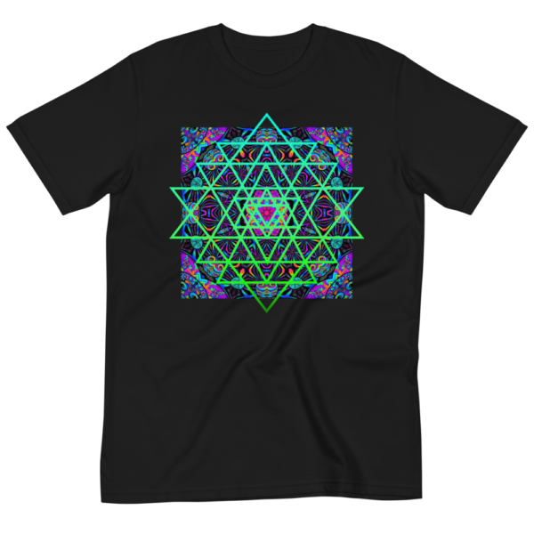 organic black t-shirt with an artistic green neon sri yantra sacred geometry symbol