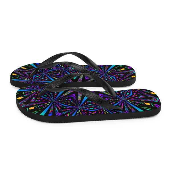 brightly colored artwork flip flops side view