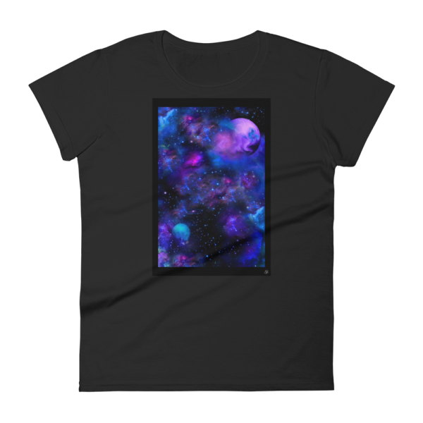 black t-shirt women's with nebulae artwork box on the front