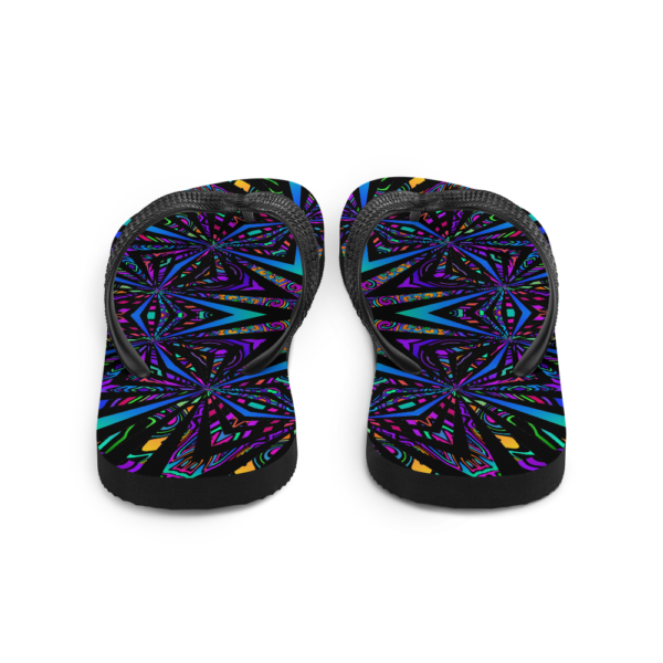 brightly colored artwork flip flops back view