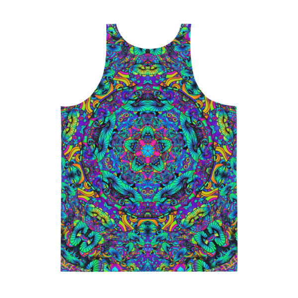 mens psychedelic tank top with bright colored mushroom kaleidoscope backside