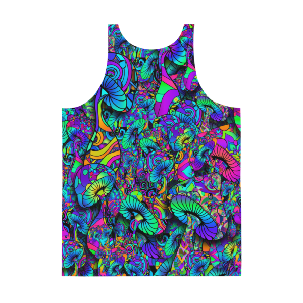 mens psychedelic tank top with bright colored mushroom collage backside