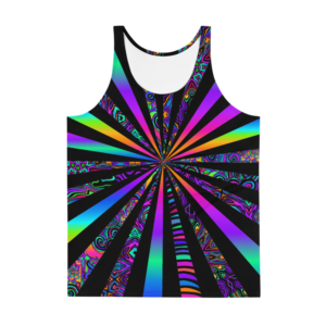 mens psychedelic tank top with bright colors and black stripes center focalpoint frontside