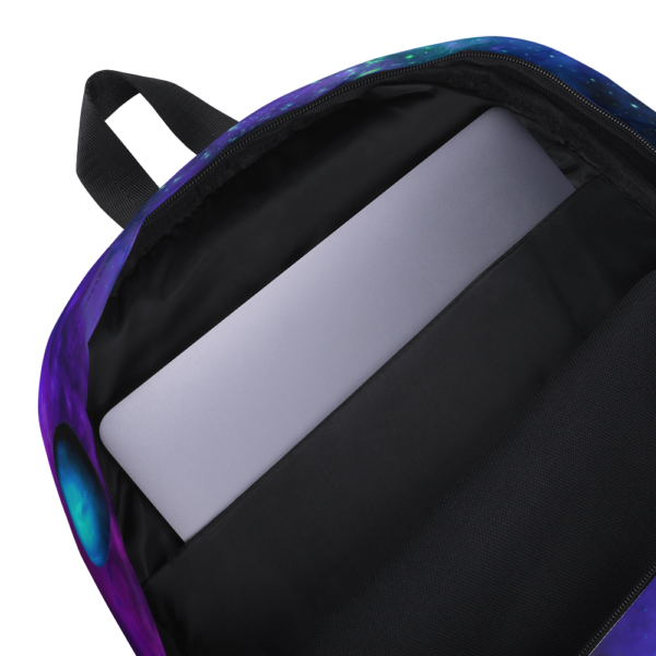 outer space nebulae backpack with planets showing inside pocket for labtop