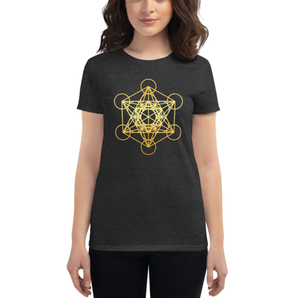 woman wearing heather dark grey t-shirt with a gradient gold metatron's cube sacred geometry in the front center