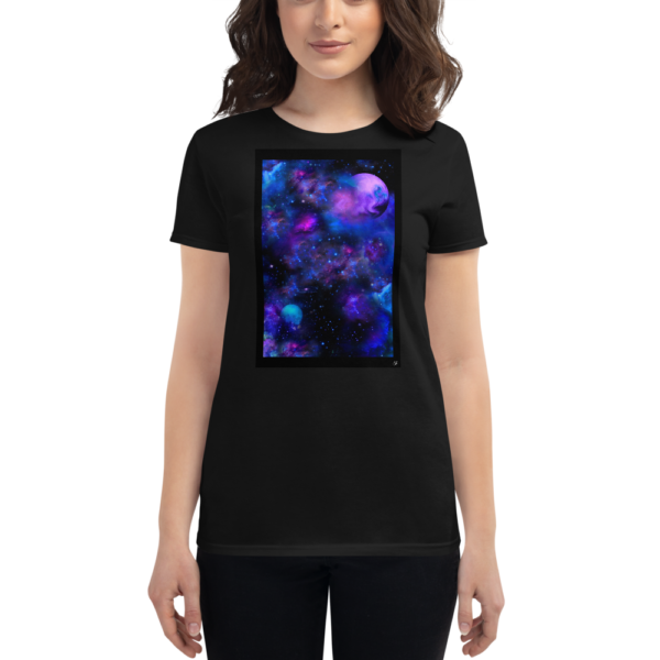 woman wearing a black women's t-shirt with nebulae artwork box on the front