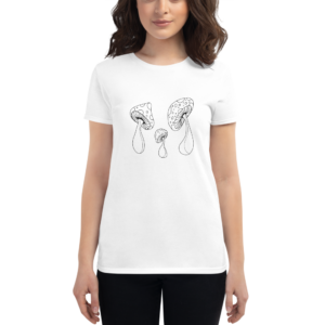 women wearing white t-shirt with drawn mushrooms