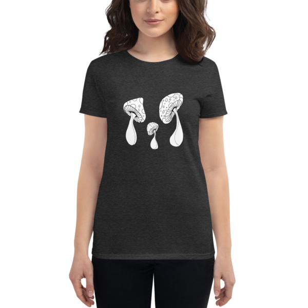 women wearing heather t-shirt with white drawn mushrooms