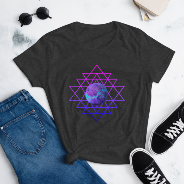 lifestyle image of t-shirt with planet and sri yantra symbol