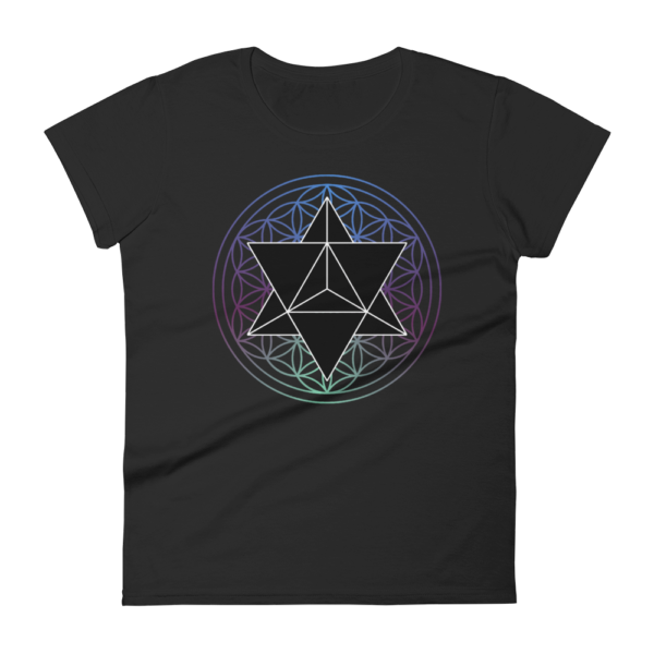 t-shirt with a black merkaba and a colored flower of life