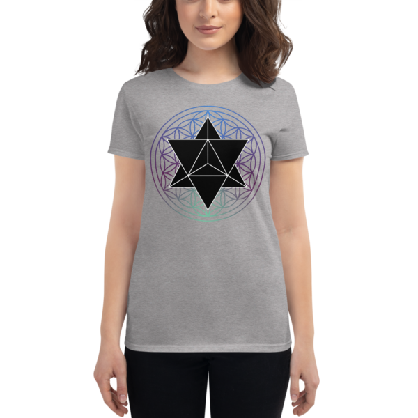woman wearing t-shirt with a black merkaba and a colored flower of life