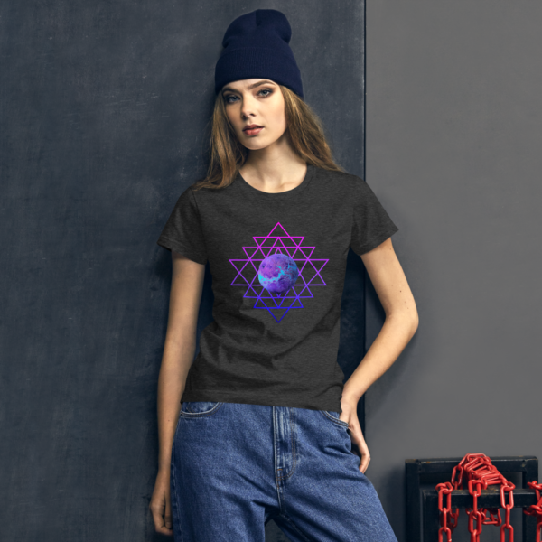 woman wearing t-shirt with planet and sri yantra symbol