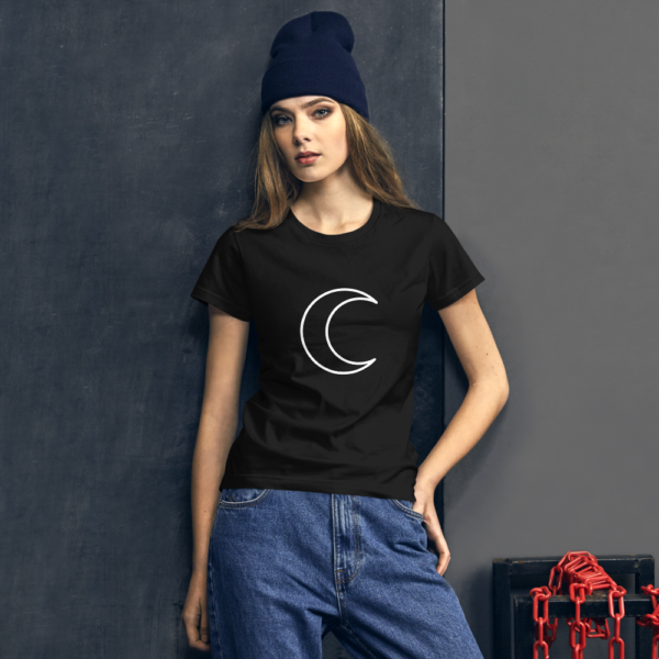 woman wearing t-shirt with white crescent moon symbol