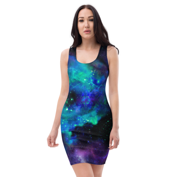 women wearing a fitted dress with blue and purple nebula outerspace and metatron's cube symbol print