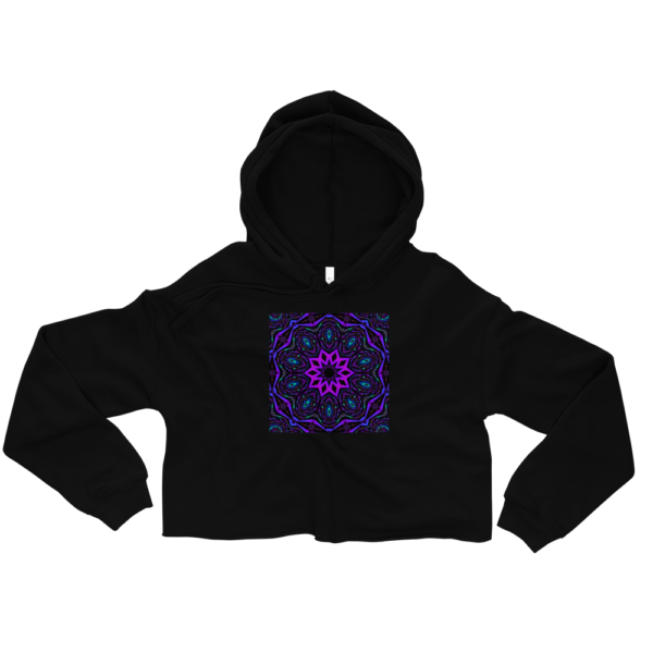 purple artistic kaleidoscope design on a black crop top sweatshirt
