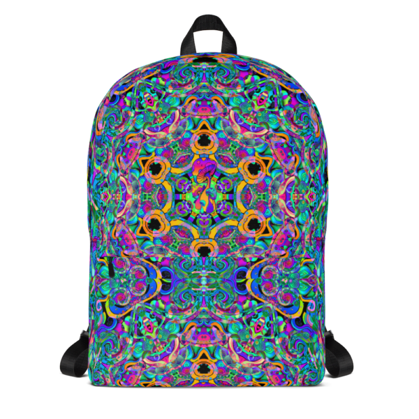 psychedelic pastel colorful artist design backpack with mushroom focal point