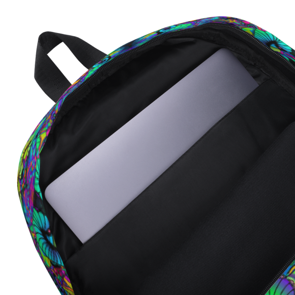 colorful artistic mushroom kaleidoscope backpack showing inside pocket for labtop