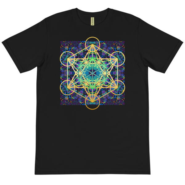 black organic t-shirt with colorful artistic metaron's cube sacred geometry