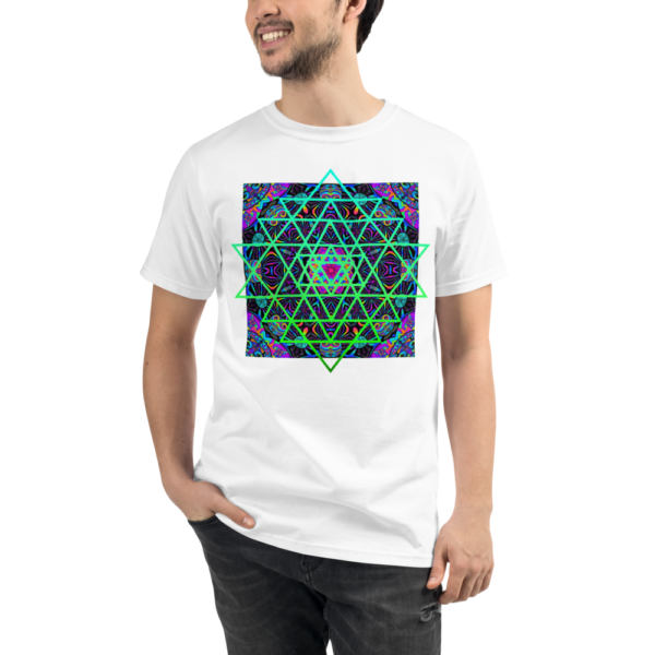man wearing an organic white t-shirt with an artistic green neon sri yantra sacred geometry symbol