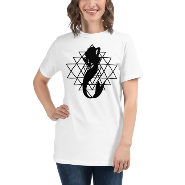 woman wearing a white organic t-shirt with a silhouette of a mermaid and a sri yantra sacred geometry