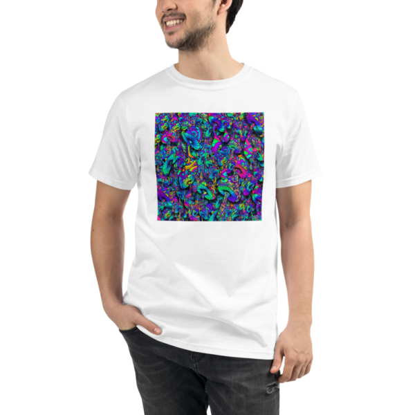 man wearing a white organic t-shirt with a collage of artistic mushrooms