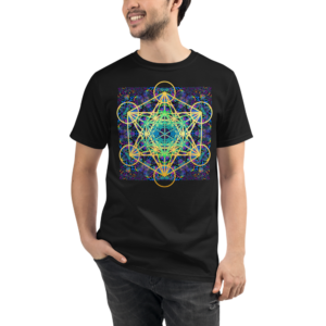 man wearing a black organic t-shirt with colorful artistic metaron's cube sacred geometry