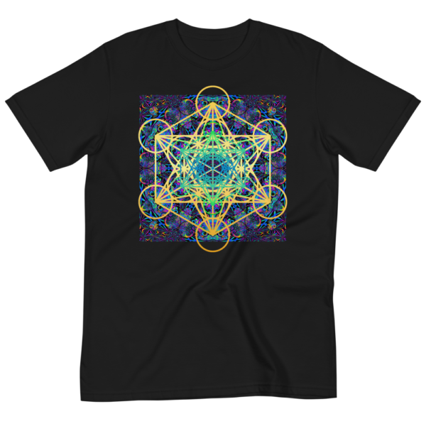 black organic t-shirt with colorful artistic metaron's cube sacred geometry