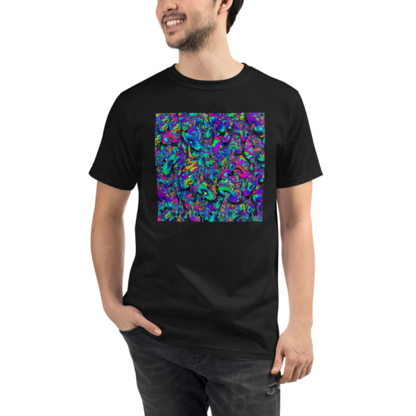man wearing a black organic t-shirt with a collage of artistic mushrooms