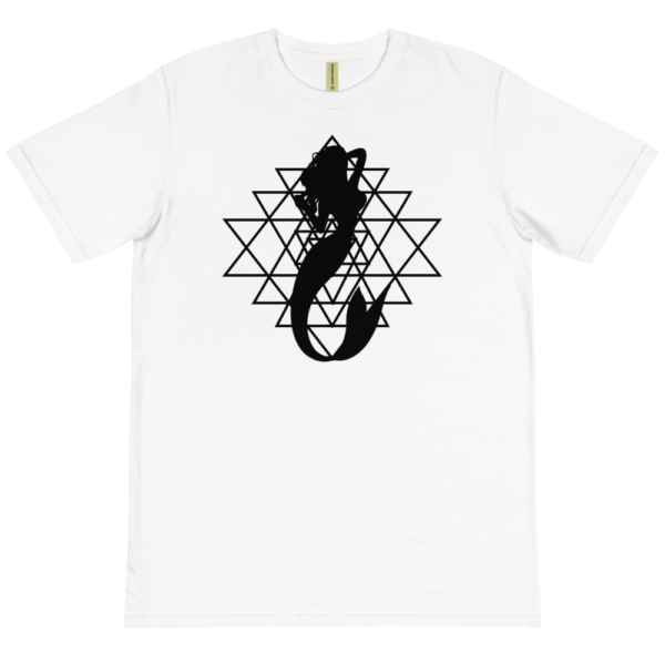 white organic t-shirt with a silhouette of a mermaid and a sri yantra sacred geometry