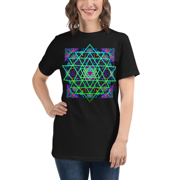 women wearing organic black t-shirt with an artistic green neon sri yantra sacred geometry symbol