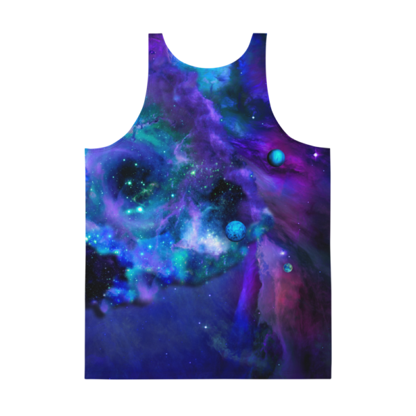 mens psychedelic tank top with purple blue nebulae and small planets backside