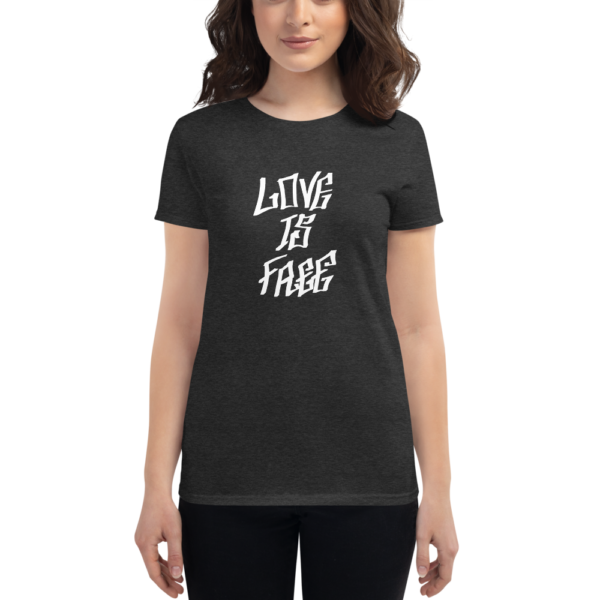 women wearing heather grey t-shirt that says love is free in graffiti letters