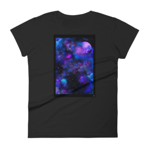 black t-shirt women's with nebulae artwork box on the front
