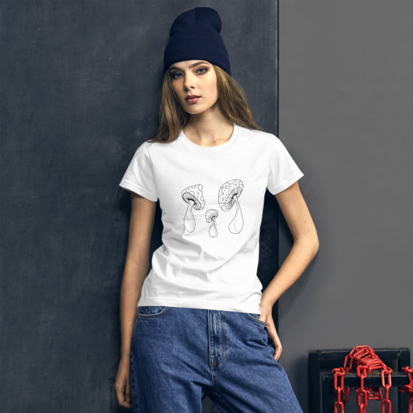 women wearing heather t-shirt with white drawn mushrooms fashion background