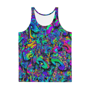 mens psychedelic tank top with bright colored mushroom collage frontside