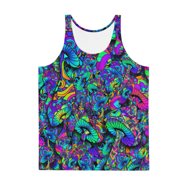 mens psychedelic tank top with bright colored mushroom collage frontside