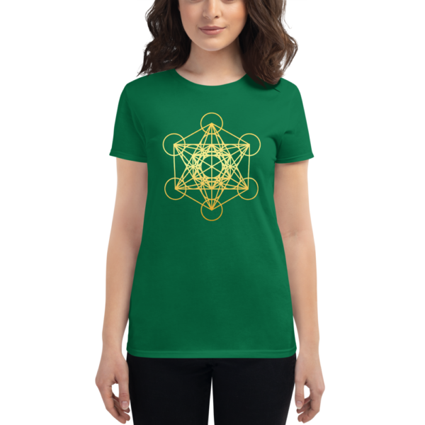 woman wearing dark green t-shirt with a gradient gold metatron's cube sacred geometry in the front center